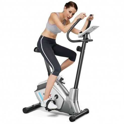 Magnetic Stationary Upright Exercise Bike with LCD Monitor and Pulse Sensor - Color: Silver