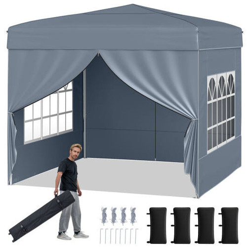 10 X 10 FT Pop up Canopy Tent Outdoor Patio Commercial Sunshade Shelter with 4 Sidewalls-Gray - Col D681-NP12809GR