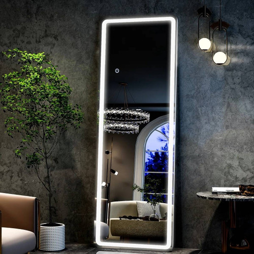 White 64-inch Full Length Floor Mirror with Stand and LED Light Strip Q280-WHTDHLF8592817