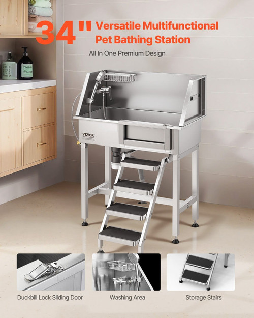 34" Dog Washing Station, Stainless Steel Pet Grooming Tub Bathtub, Professional Dog Wash Sink with  E415-BXGCWYG34CZJFJ0C0002V0
