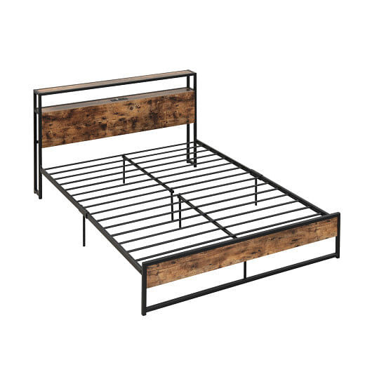 Full/Queen Bed Frame with 2-Tier Storage Headboard and Charging Station-Full Size
