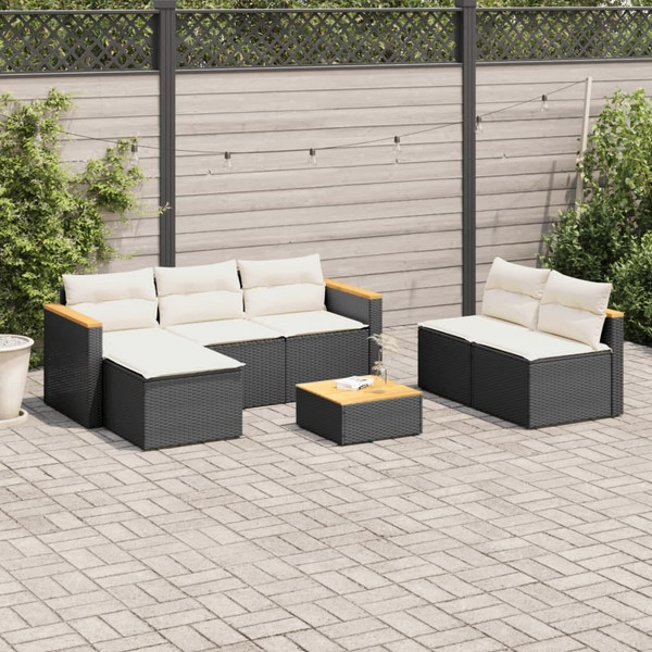 5 Piece Patio Sofa Set with Cushions Black Poly Rattan Acacia