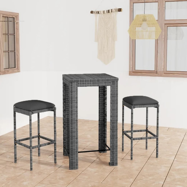 3 Piece Patio Bar Set with Cushions Poly Rattan Gray