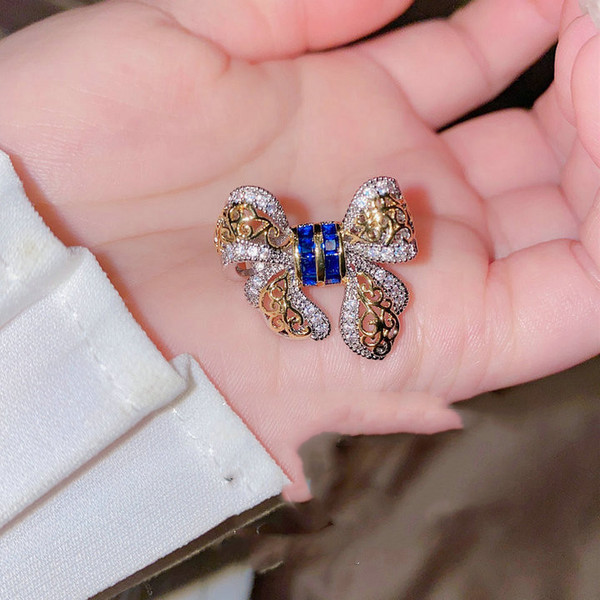 Color: Gold blue ring - Gentle peach blossom drop zircon bow earrings Q119-CJZBLXLX21810-Gold blue ring