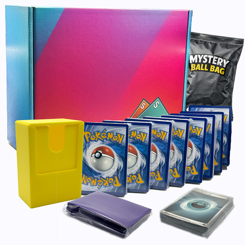Shuffle Shark Champion Bundle with eight 50-card packs of repacked Pokémon TCG cards, deck box, card sleeves, energy cards, and mystery accessory