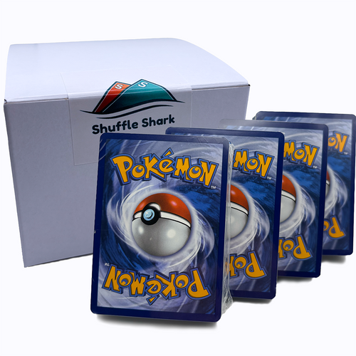Shuffle Shark Premium Bundle box with four repacked 50-card Pokémon TCG packs shown from the card backs