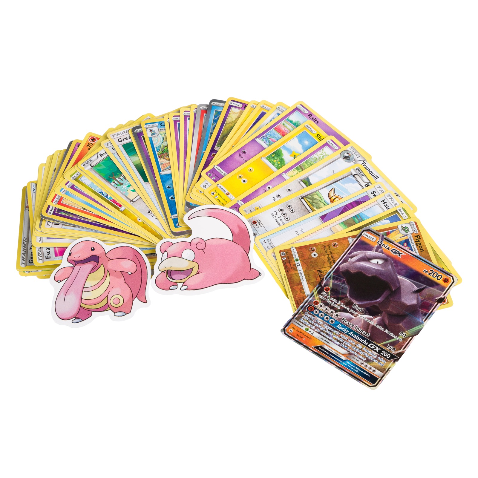 A fan of genuine Pokémon trading cards with character cutouts and an Ultra Rare Onix GX card