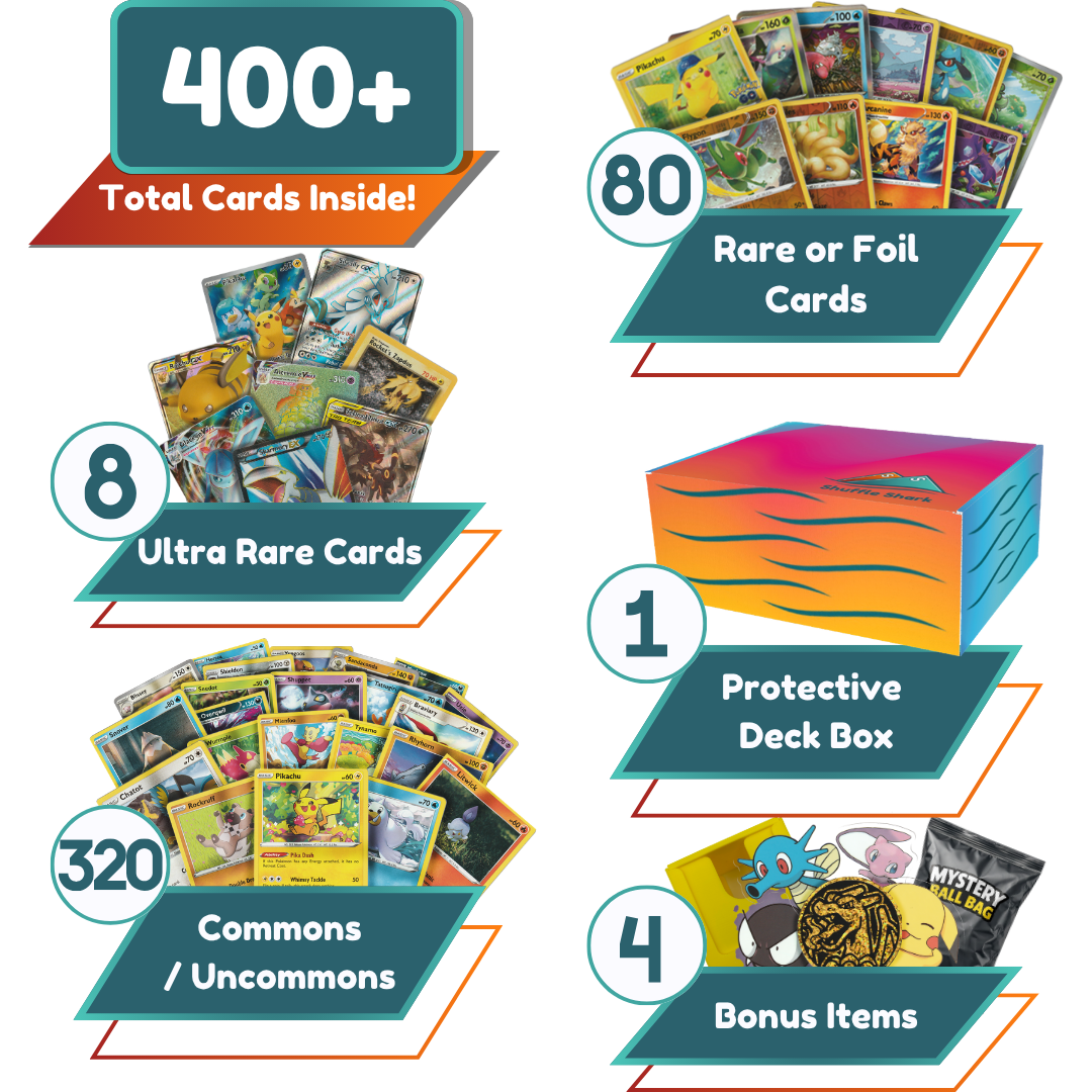 Champion Bundle contents: 400+ cards, 8 Ultra Rares, 80 rare or foil cards, protective deck box, and bonus items