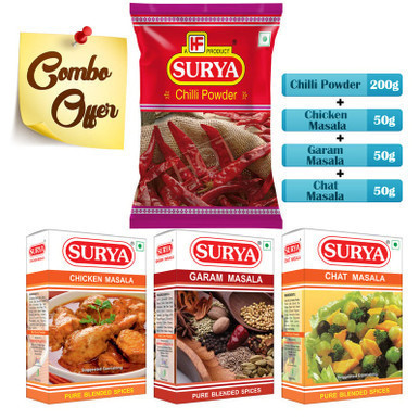 Bundle of Mirchi powder 200g +   
Garam Masala 50g +    
Chicken Masala 50g +        
Chat Masala 50g +              
Chat masala 50g #221-1768547421