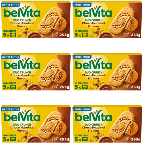 Belvita Duo Crunch Choco Hazelnut Flavour 253g  - 6 Pack.