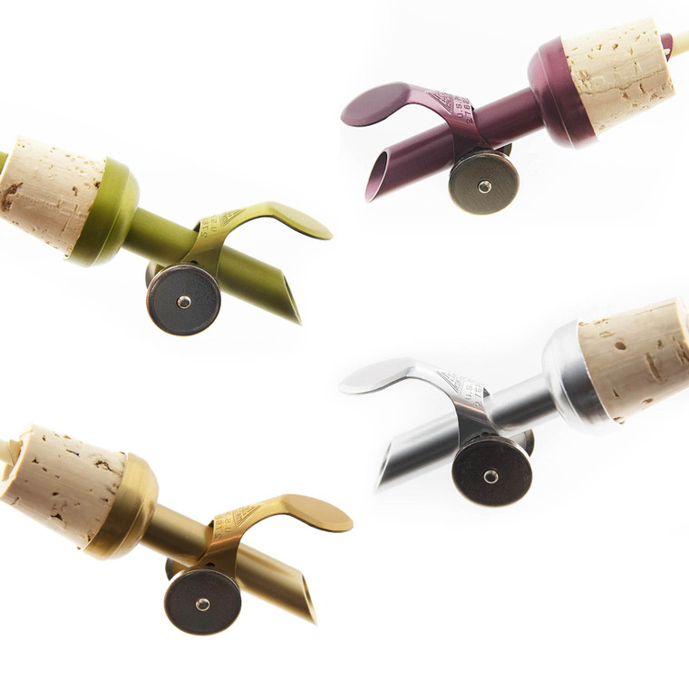 Weighted pour spout with cork stopper
Available in 4 colors: Burgundy, Silver, Gold, Green
