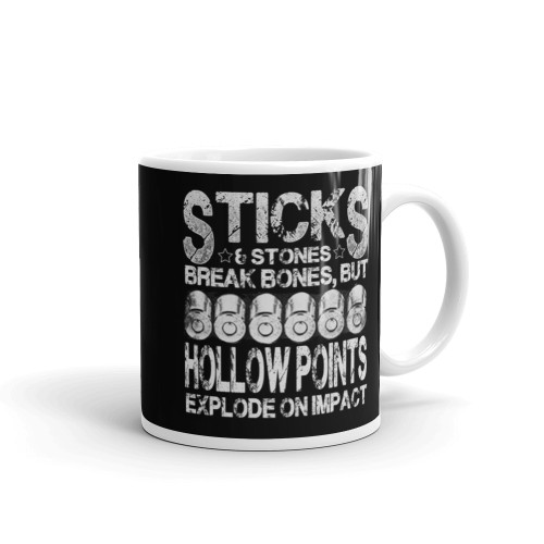 Sticks and Stones (Hollow Points) White glossy mug