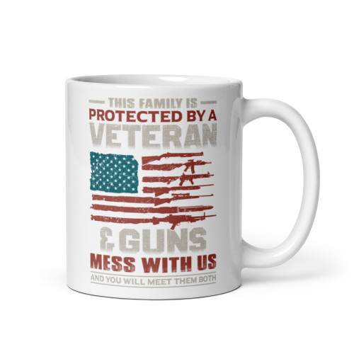 Protected by a Veteran & Guns White glossy mug