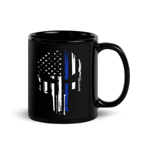 Thin Blue Line Skull Black Glossy Mug