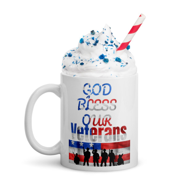God Bless Our Veterans White glossy mug