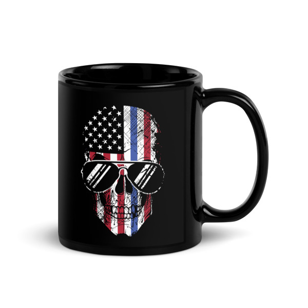USA Blue Line Skull Black Glossy Mug