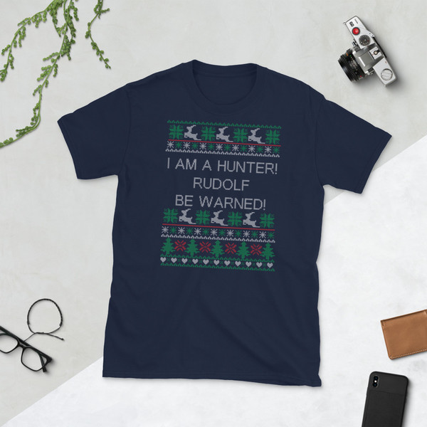 Hunter, Rudolf be Warned  (Fake Christmas Ugly Sweater design) Short-Sleeve Unisex T-Shirt