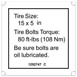 Genie Lift Part # 1292747GT - DECAL,LABEL-TIRE SPECS, EA