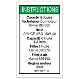 Genie Lift Part # 1266712FRGT - DECAL,KOHLER ENG.SPEC,3000RPM, EA