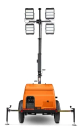 Side view of the light tower in transport mode, showcasing its compact trailer design, durable frame, and easy towing capability for quick deployment