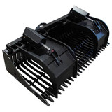Side view of the Haugen TSBG-96 Skeleton Brush Grapple highlighting the 42" bucket depth, 24" bucket height, and durable tine structure for telehandler applications.
