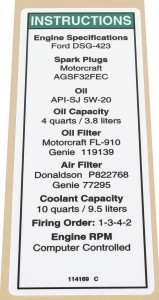 Genie Lift Part # 114169GT - DECAL, FORD ENGINE SPEC DSG423, EA