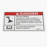 Genie Lift Part # 147793GT - DECAL,DANGER, TIPOVR, MAX CAP, EA