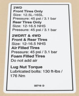 Genie Lift Part # 32719GT - DECAL,NOTICE, TIRE PRESSURE, EA