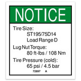 Genie Lift Part # 72897GT - DECAL,NOTICE,TIRE SPECS, EA
