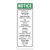 Genie Lift Part # 82679GT - DECAL,NOTICE,GM 3.0 ENG SPEC, EA