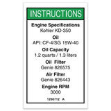 Genie Lift Part # 1266712GT - DECAL,KOHLER ENG.SPEC,3000RPM, EA