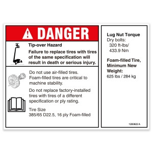 Genie Lift Part # 1283822GT - DECAL,DANGER/NOTICE,TIRESPECS,SX-105 XC, EA