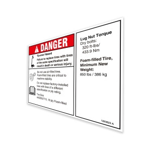 Genie Lift Part # 1283823GT - DECAL,DANGER/NOTICE,TIRESPECS,SX-125 XC, EA