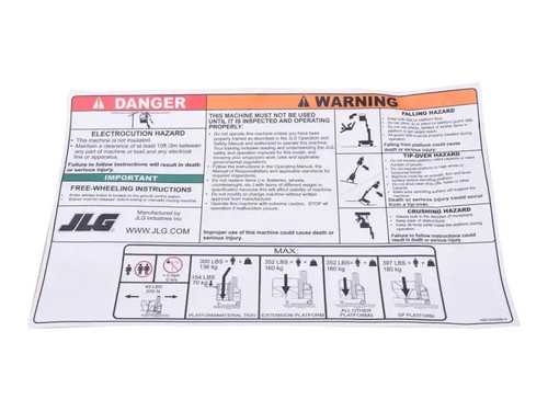 JLG Part # 1001255289 | DECAL,WARNING/INSTR. DOM, EA
