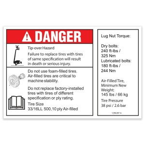 Genie Lift Part # 1296287GT - DECAL, DANGER/LABEL, TIRE SPECS, S-40/45 HF, EA