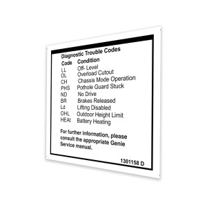Genie Lift Part # 1301158GT - DECAL,LABEL,FAULT CODES, EA