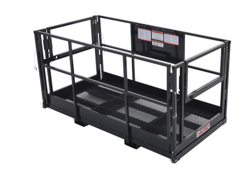 The premier industrial work platform for telehandlers. This heavy duty platform features a steel mesh floor and fork pockets for enhanced durability and strength. The collapsible sides make assembly and disassembly a breeze as no tools are required. We've added safety features such as restraint tie downs, spring loaded doors for rigidity, fork pins to secure the platform to tines, and safety pins to attach sides. Additionally, it meets OSHA & CSA industry standards for performance and safety.