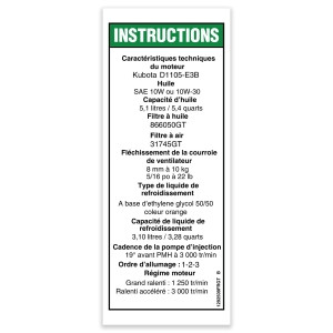 Genie Lift Part # 1292509FRGT - DECAL, KUBOTA D1105, SPECS,FR, EA