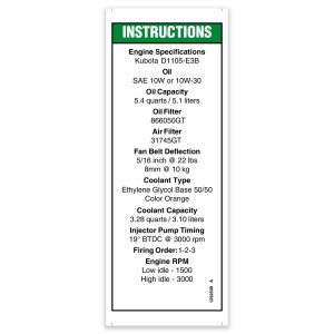 Genie Lift Part # 1292509GT - DECAL,KUBOTA D1105,SPECS, EA