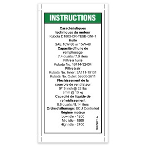 Genie Lift Part # 1305727FRGT - DECAL, ENG SPECS, KUB D1803 STG V, FRENCH, EA