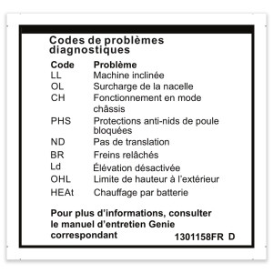 Genie Lift Part # 1301158FRGT - DECAL,LABEL,FAULT CODES, EA