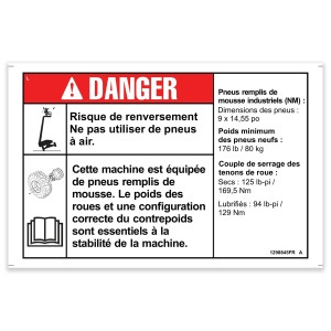 Genie Lift Part # 1298845FRGT - DECAL,DANGER,TIPOVR,TIRES INDF NM, Z34, 2WD,WORD,FR, EA