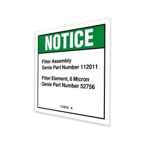 Genie Lift Part # 112018GT - DECAL,NOTICE,FILTER INFO,GS68*, EA