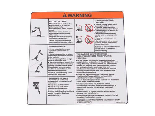 JLG Part # 1001251170 | DECAL,WARNING, EA