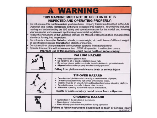 JLG Part # 1001272920 | DECAL,WARNING INSTRUCTION, EA