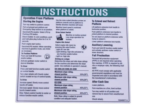 JLG Part # 70046977 | DECAL,INSTRUCTIONS, EA