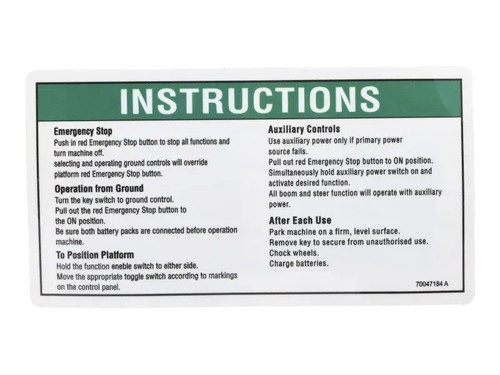 JLG Part # 70047184 | DECAL,INSTRUCTIONS, EA