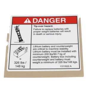 Genie Lift Part # 1311622GT - DECAL,DANGER,TIP-OVER,LI BATTERY, EA