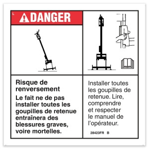 Genie Lift Part # 28423FRGT - DECAL,DANGER-INSTALL PINS, EA