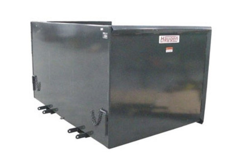 Side profile of the Haugen MTH 458 high-capacity trash hopper, showing its 4' x 5' x 8' dimensions, deep 60-inch fork pockets, and heavy-duty design for telehandler material handling.
